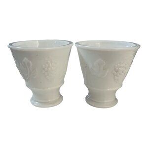 Vintage Milk Glass Pedestal Cups Pair KELN Industries 1965 Grape Leaf Design